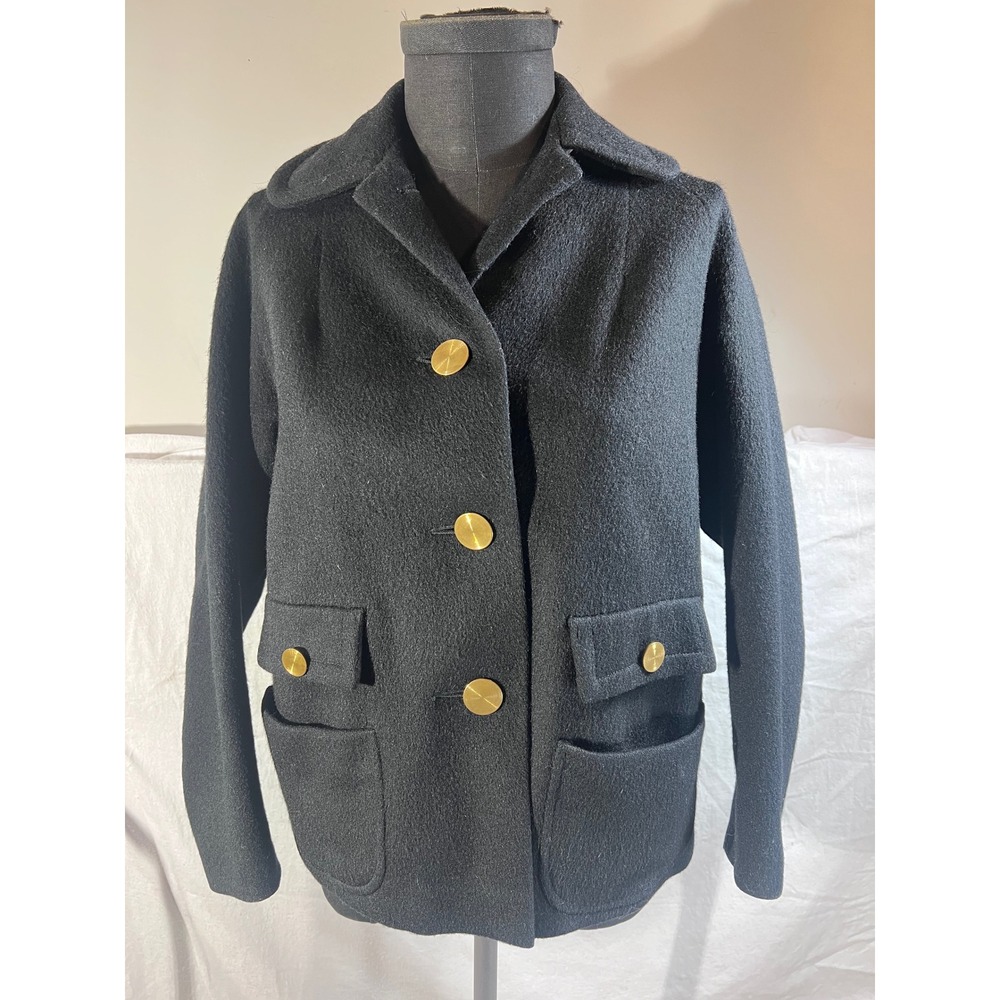 Vintage Black Wool Pea Coat Gold Spiral Buttons Yellow Lining Mid Century